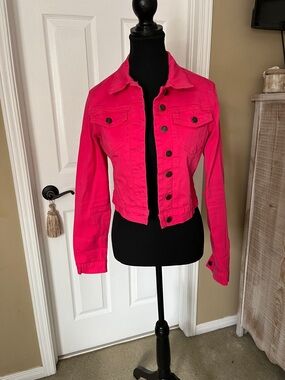 Cropped Hot Pink Denim Jacket - Women's Jean Jacket, Size 10